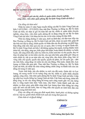 Chính ủy Cảnh sát biển gửi Thư chúc mừng BTL Vùng Cảnh sát biển 3 nhân kỷ niệm 21 năm Ngày thành lập