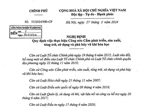 Nghị định số 33/2024/NĐ-CP của Chính phủ: Quy định việc thực hiện Công ước Cấm phát triển, sản xuất, tàng trữ, sử dụng và phá hủy vũ khí hóa học